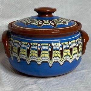 Terracota glazed painted pot with lid, 6” diameter